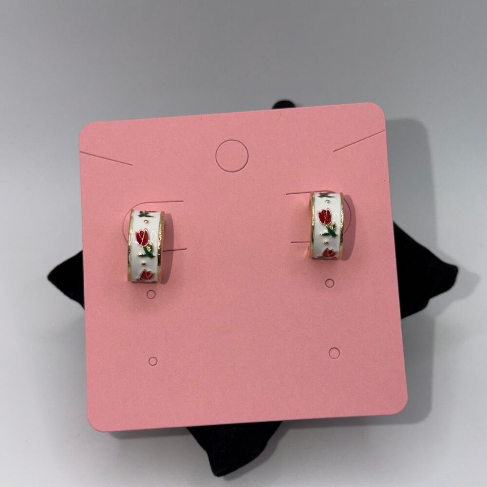 White Enamel Red Tulip Floral Gold Huggie Hoop Earrings | Cottagecore Coquette